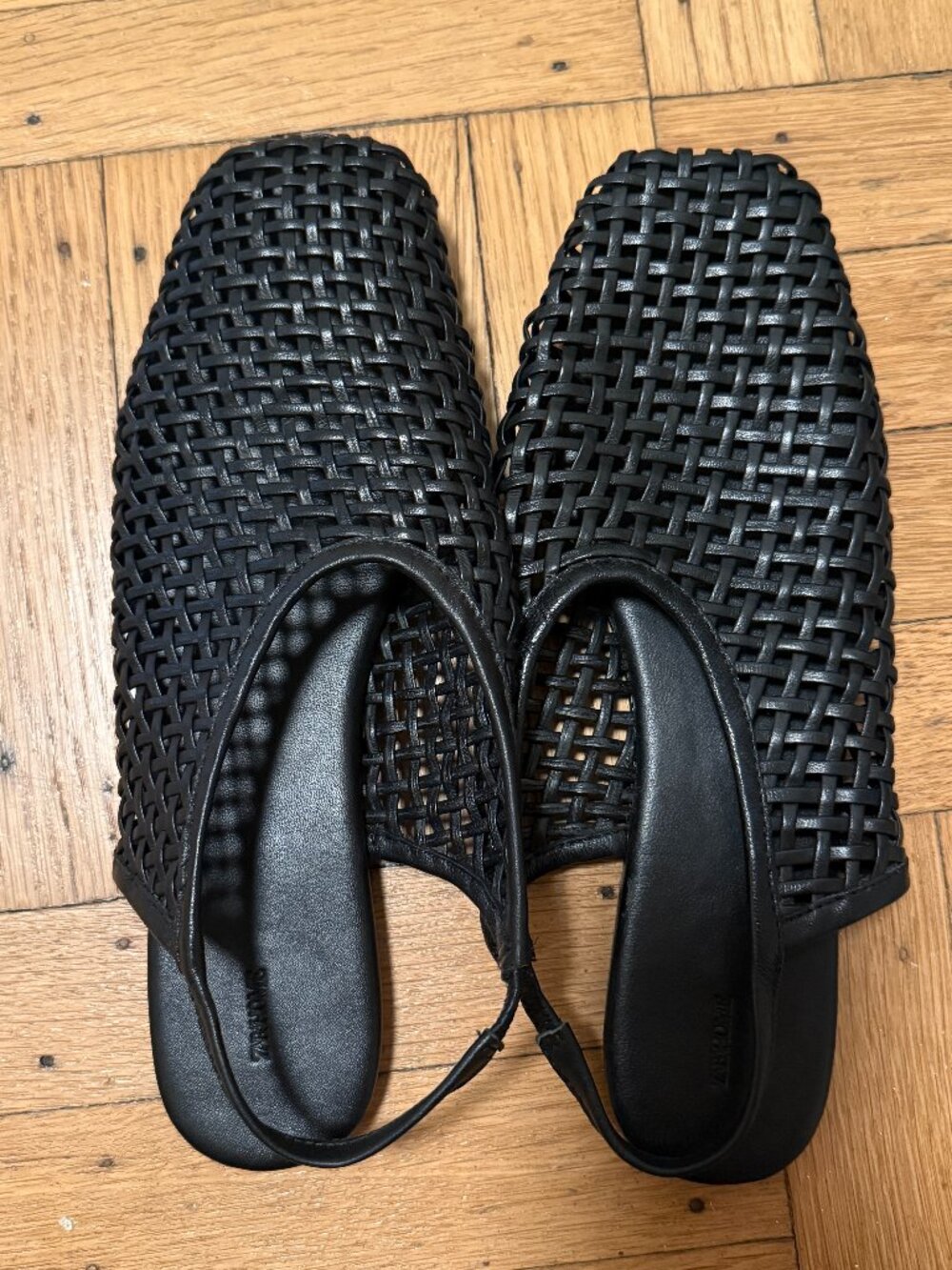 Zara Woven Leather Slingback Flats Black Size 38
